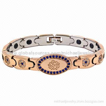 Magnetic Stainless Steel Bracelets with 84pcs of Blue and White CZ Stones and IP Rose Gold Plating